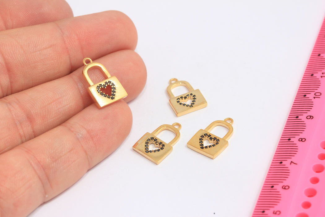 11x18mm 24 Ayar Parlak Altın Kalp Kilitli Tılsımlar, CZ Kalp Kilitli Boncuklar, MLS751