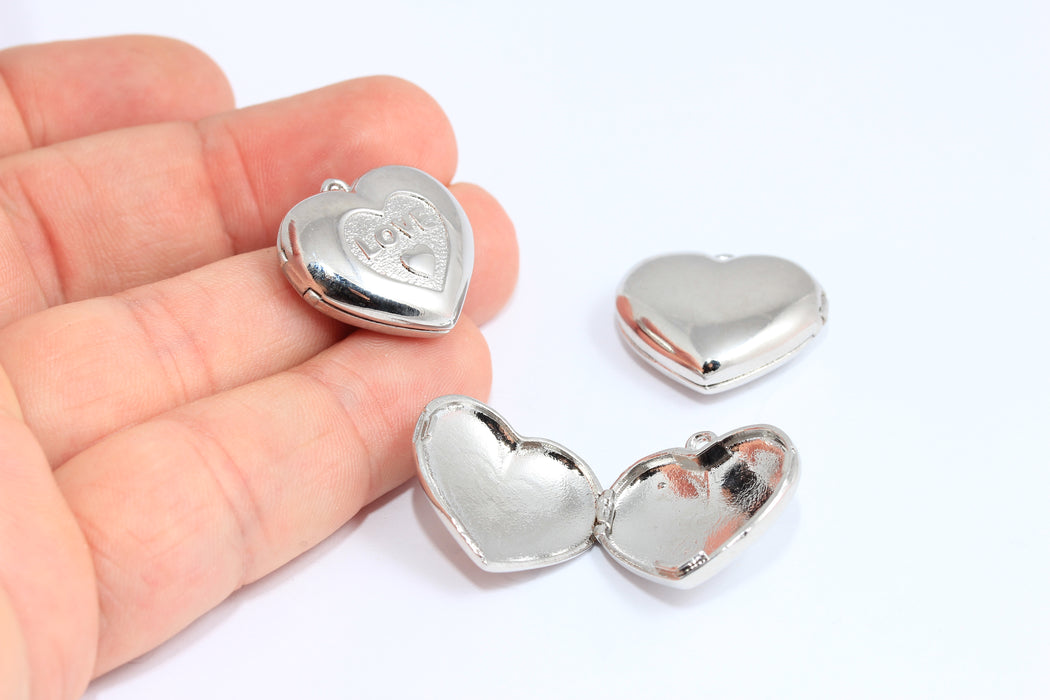 Ciondolo a forma di cuore placcato rodio da 20 mm, medaglione a forma di cuore, MTE672