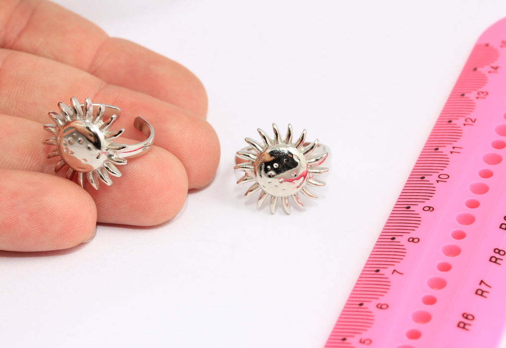 17-18mm Rhodium Plated Sun Rings, Silver Sun Shaped Rings, HRN58-3