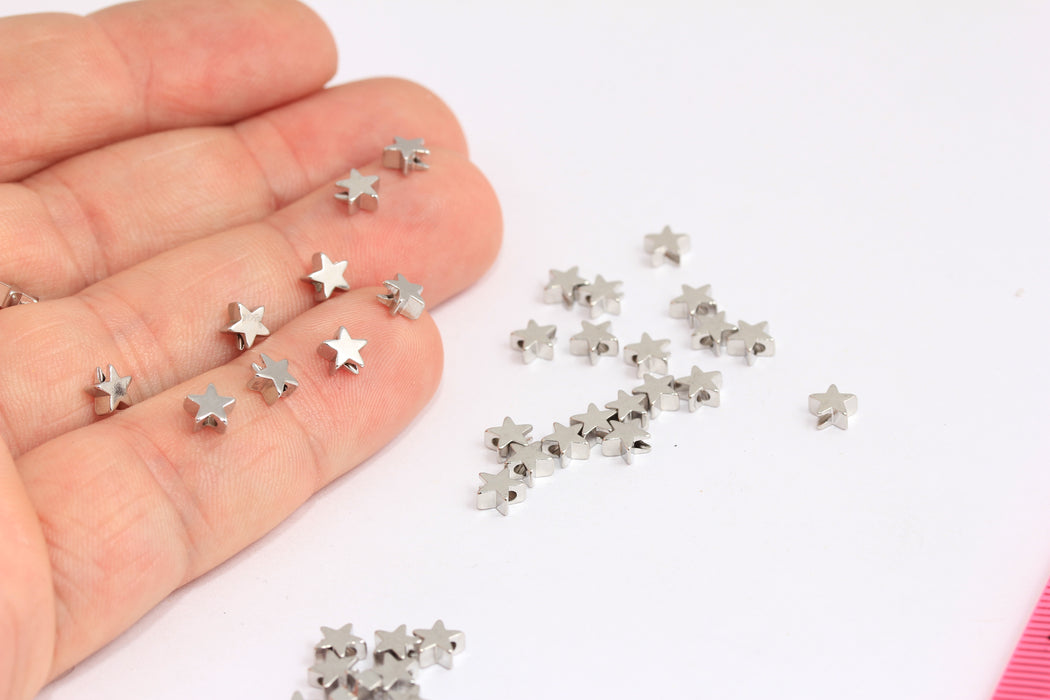 Perline a forma di stella placcate argento da 5 mm, ciondoli a forma di stella, perline a forma di stella con foro centrale, HRN20
