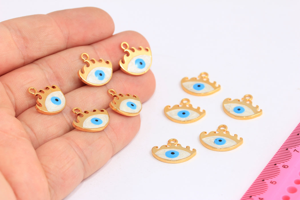15x17mm 24k Shiny Gold Evil Eye, White Enamel Evil Eye Bracelet Beads, HRN29-3