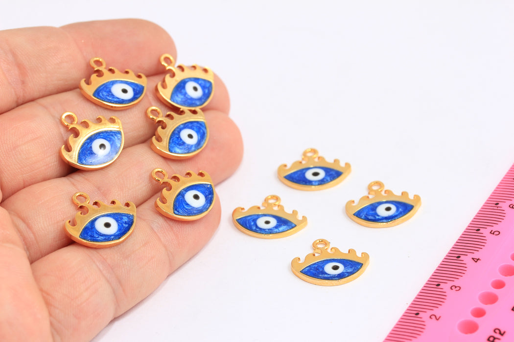 15x17mm 24k Shiny Gold Evil Eye, Blue Enamel Evil Eye Bracelet Beads, HRN31-1