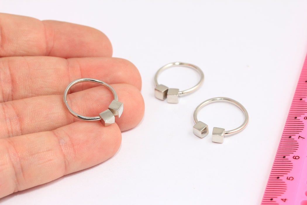 16-17mm Rhodium Plated Cube Ring, Silver Wire Cube Ring, HRN6