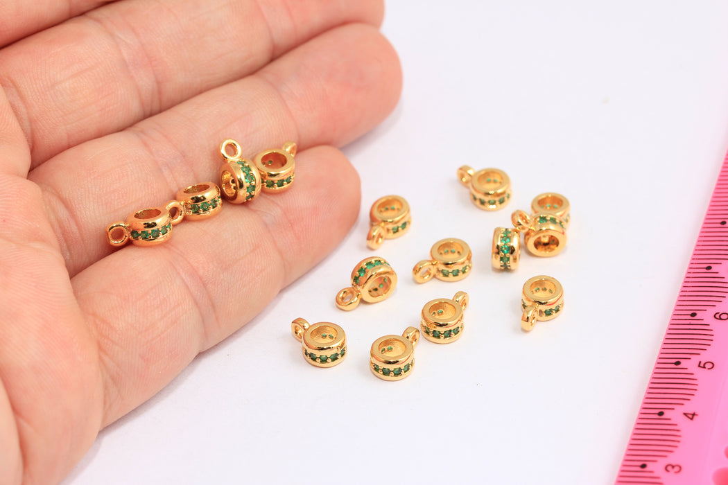 5,5 mm 24 ayar Parlak Altın Kolye Ucu, Halkalı CZ Yeşil Taş Tekerlek Boncukları, CHK337-1