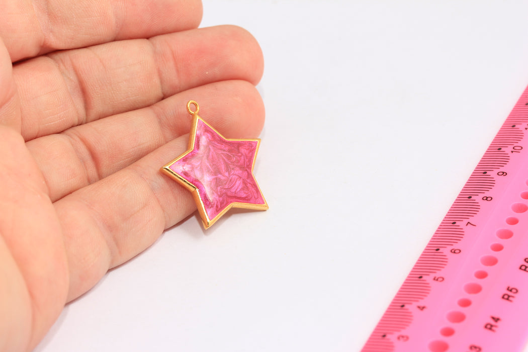 27x29mm 24k Shiny Gold Star Pendant, Pink Enamel Star Charms, HRN15-1