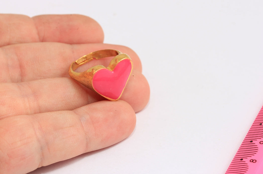 17-18mm 24k Shiny Gold Heart Rings, Pink Enamel Heart Rings, HRN15-2