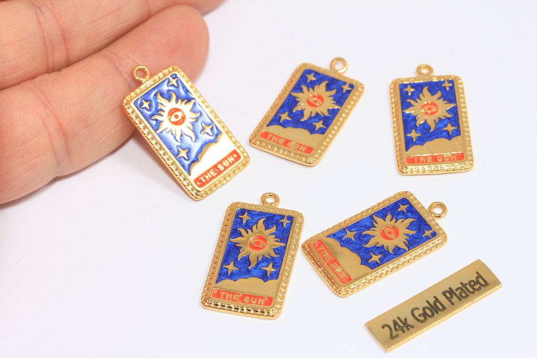15x26mm 24k Shiny Gold Tarot Card Charms, Tarot Sun Card Charm, Blue Enamel Square Medallion, Mystic Jewelry, CMR5