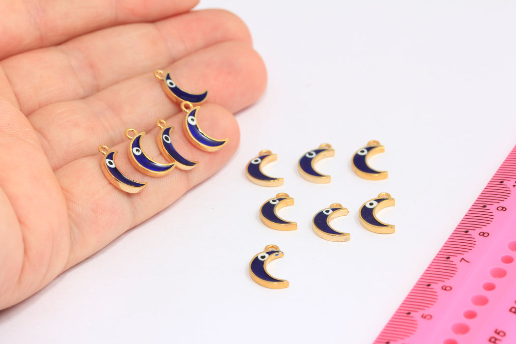 8x14mm 24k Shiny Gold Moon Charms, Enamel Evil Eye Beads, HRN72