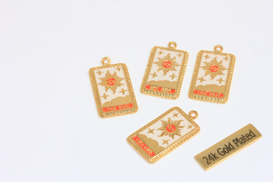 15x26mm 24k Shiny Gold Tarot Card Charms, Tarot Sun Card Charm, White Enamel Square Medallion, Mystic Jewelry, CMR134