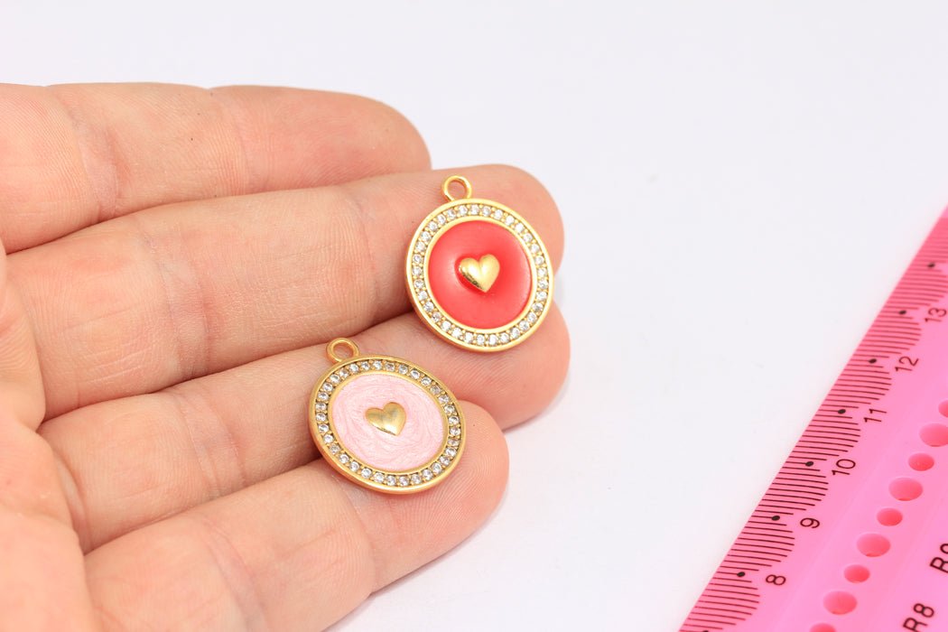 18mm 24k Shiny Gold Round Heart Charms, Micro Pave Heart Medallion, HRN74-1