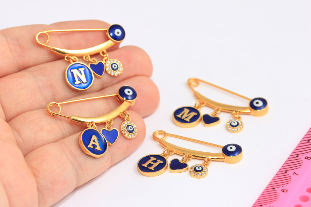 Spilla di sicurezza per bambini in oro lucido 24k, 14x35 mm, protezione personalizzata contro il malocchio blu, HRN74-2