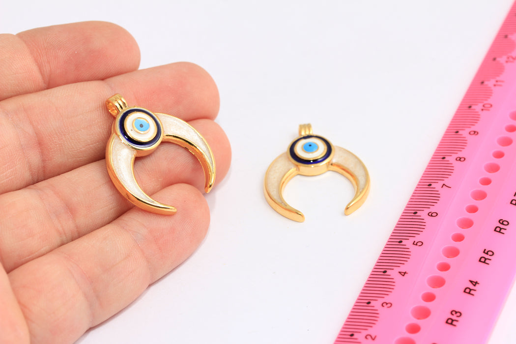 26x31mm Gold Plated Horn Pendant, White Enamel Evil Eye Horn Charms, HRN18