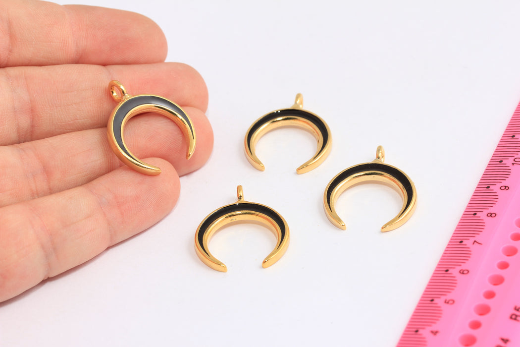 Ciondoli a forma di corno in oro lucido 24k da 23x27 mm, ciondoli a forma di corno in smalto nero, HRN47