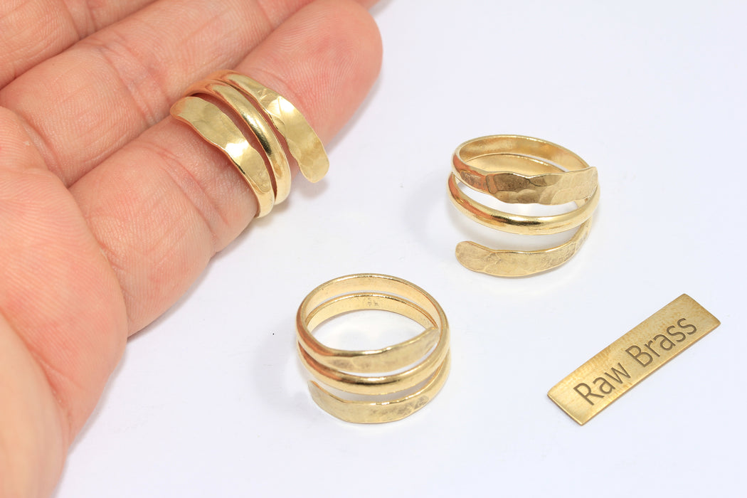 17mm Raw Brass Ring, Adjustable Ring Settings, Hammered Cuff Rings, Triple Wrapping Rings, Raw Brass Statement Rings, BRT115