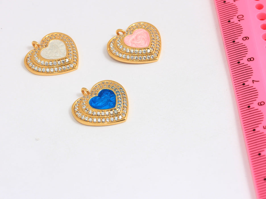 Ciondoli a forma di cuore con zirconi cubici in oro lucido 24k, medaglione a forma di cuore con micro pavé, cuore smaltato, MTE1432