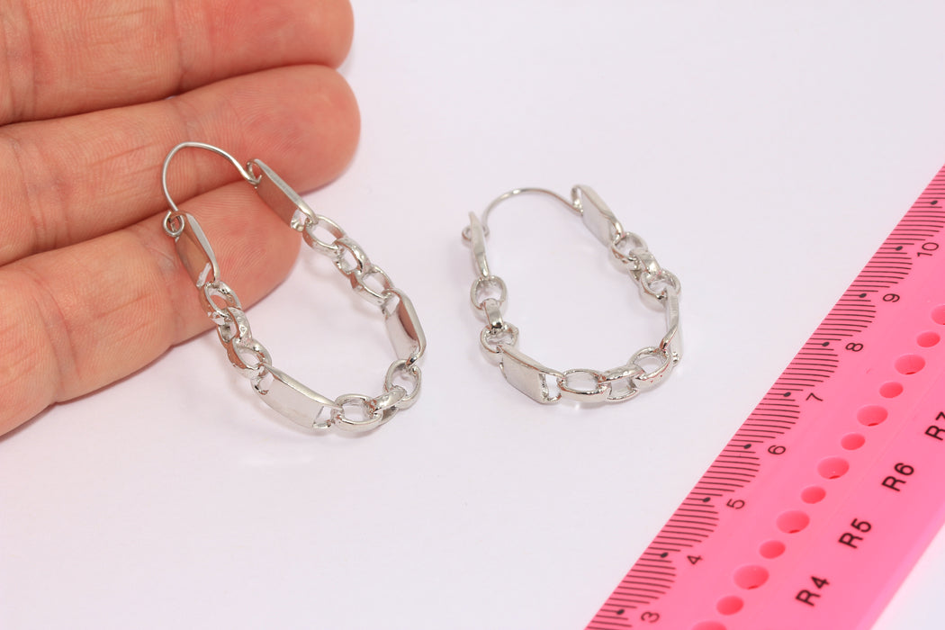 27x38mm Rhodium Plated Drop Chain Earrings, Chain Link Style Earrings, SLM38-1