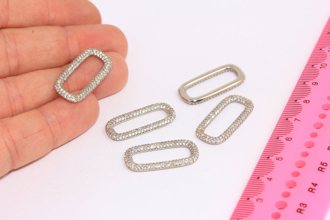 13x27 mm Rodyum Kaplamalı Oval Charm, CZ Beyaz Taş Bağlantılı Charm, HRN75