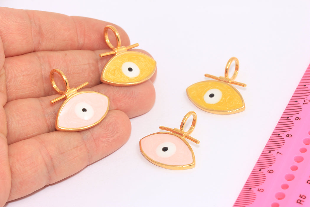 27x28mm 24k Shiny Gold Evil Eye Medallion, Yellow and Pink Enamel Evil Eye Charms, SLM876-1-2