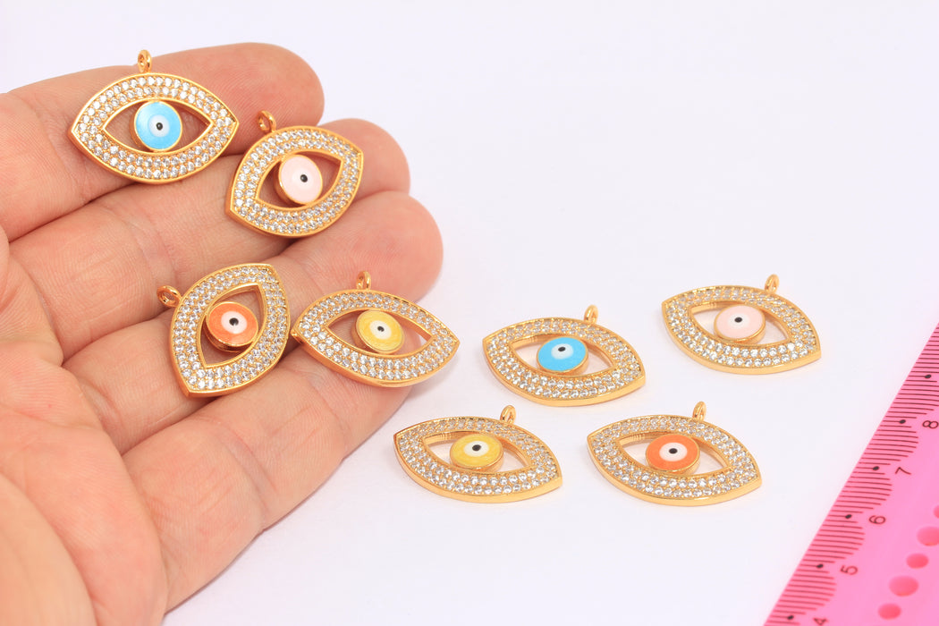 20x26mm 24k Shiny Gold CZ Evil Eye Charms, Micro Pave Enamel Evil Eye, SLM36