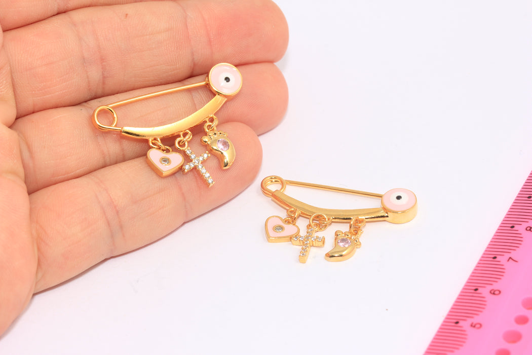 14x35mm 24k Shiny Gold Evil Eye Baby Protection, Pink Enamel Cute Evil Eye Baby Clothing Pin, CMR137