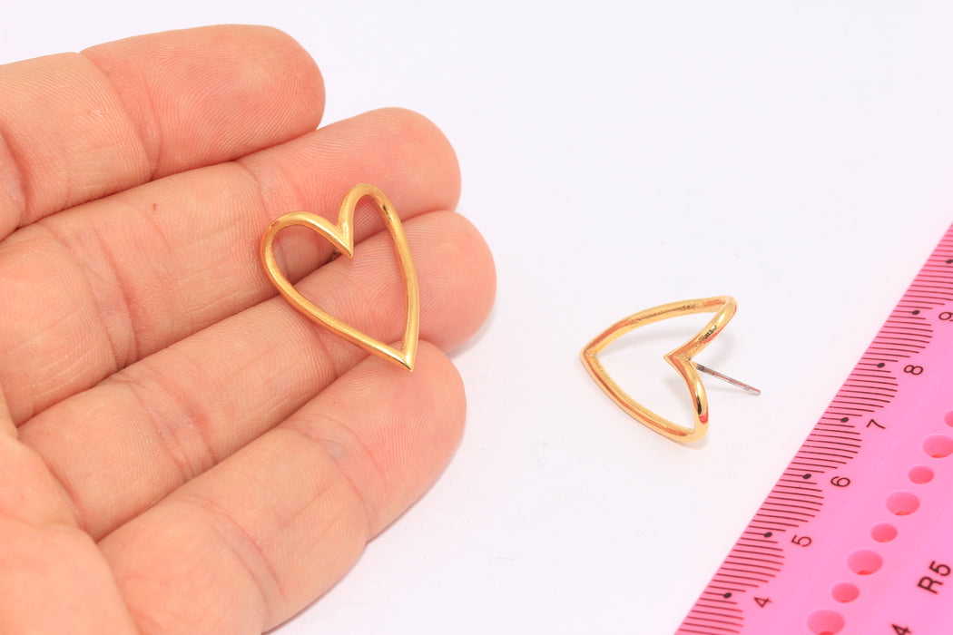 17x23mm 24k Shiny Gold Heart Earrings, Outline Heart Stud Earrings, SLM916