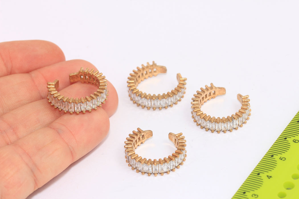 16x17mm Raw Brass CZ Ring, Baguette White Stone Linear Rings, SLM280