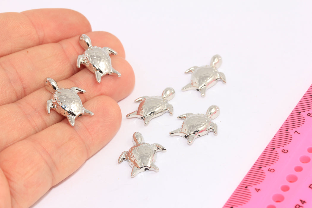 17x21mm Rhodium Plated Turtle Charms, Tortoise Bracelet Beads, SLM135