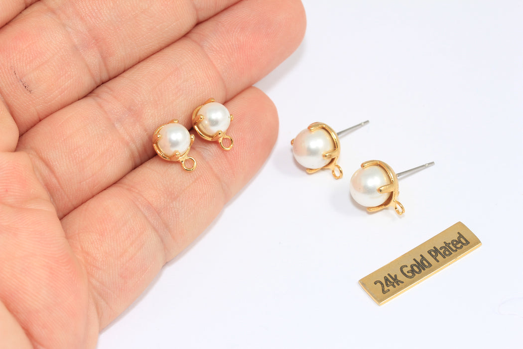 24k Shiny Gold Pearl Earrings, Dainty Pearl Earrings, Stud Earrings, White Pearl Studs, Freshwater Pearl, KDR