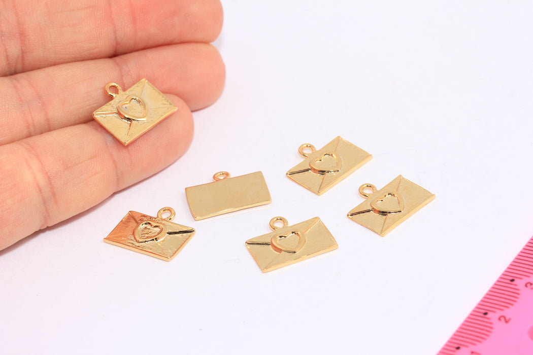 10x17mm 24 Shiny Gold Envelope Charm, Heart Envelope Pendant, HRN17