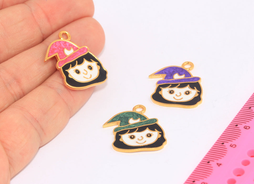 20x22mm 24k Shiny Gold Witch Charms, Enamel Halloween Pendant, HRN38-1