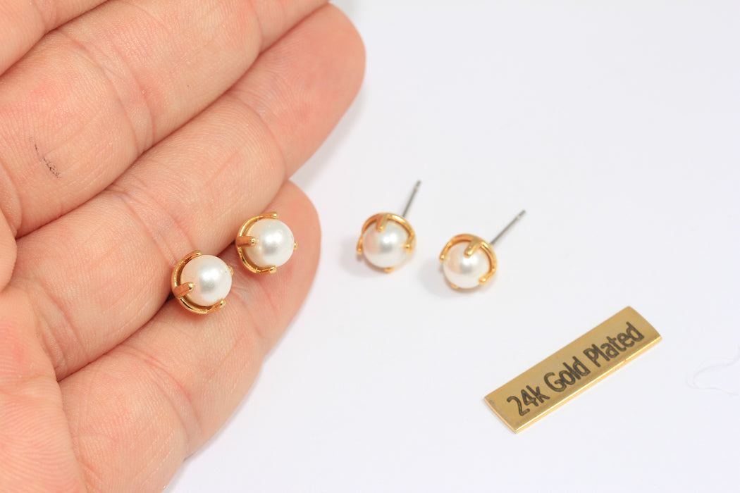 6mm 24k Shiny Gold Pearl Stud Earrings, Dainty Pearl Earrings, White Sea Pearl Studs, Freshwater Pearl, KDR64