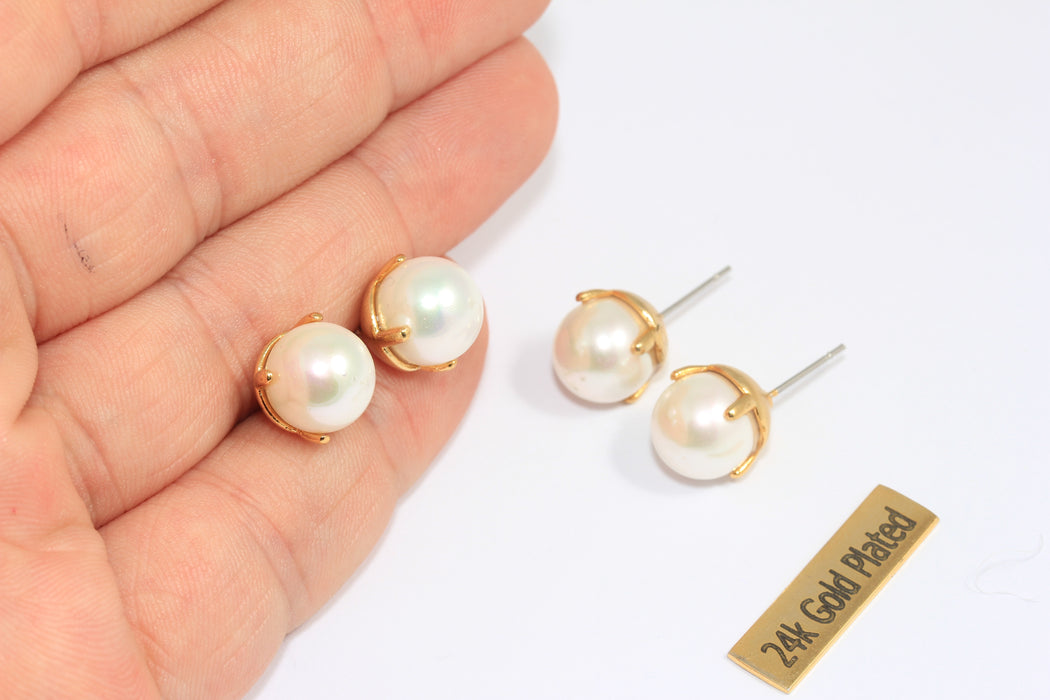 10mm 24k Shiny Gold Pearl Stud Earrings, Dainty Pearl Earrings, White Sea Pearl Studs, Freshwater Pearl, KDR102