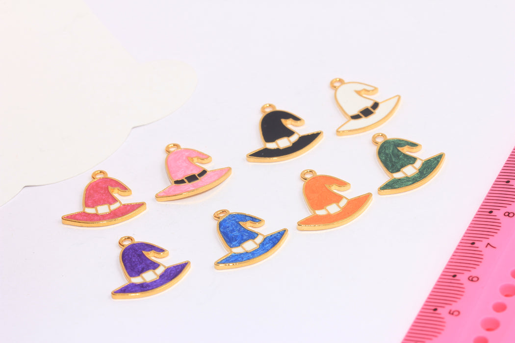 16x18m 24k Shiny Gold Witch Hat Charms, Enamel Halloween Pendant, HRN9
