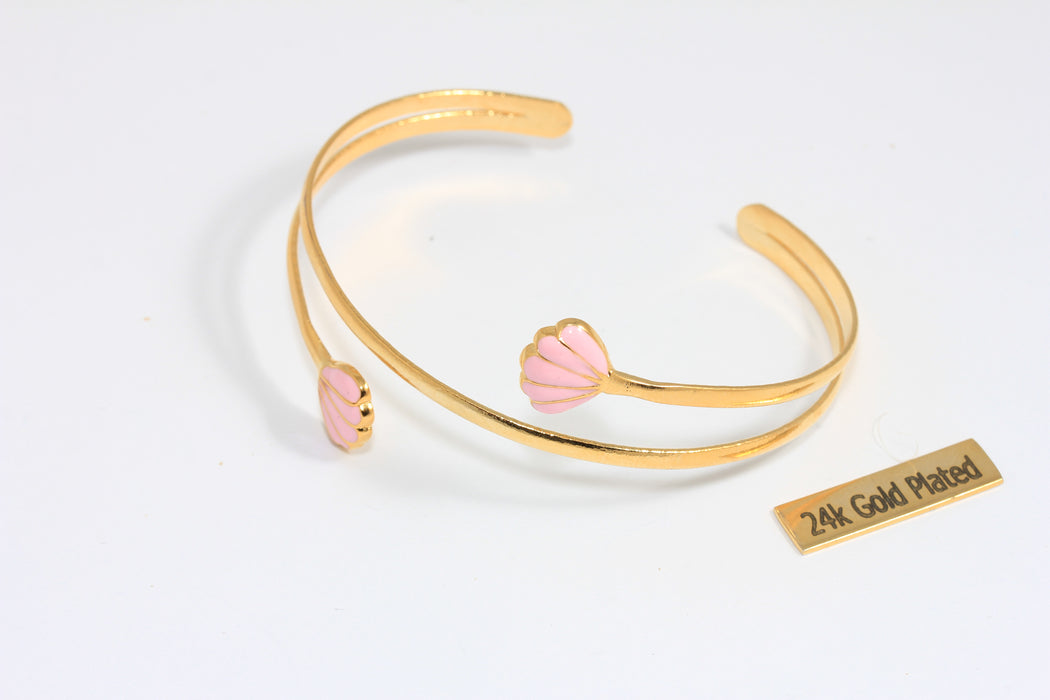 24k Shiny Gold Shell Bracelet Cuff, Pink Enamel Shell Bracelet, Triple Wire Bracelet, Double Bar Bangle, CHK588-9