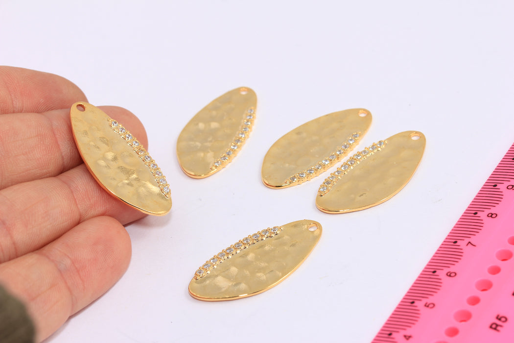 17x34 mm 24 Ayar Parlak Altın Yapraklı Tılsımlar, Zirkon Taşlı Yaprak Kolye, Zirkon Taşlı Oval Kolye, Çekiçle İşlenmiş, BXB324-4