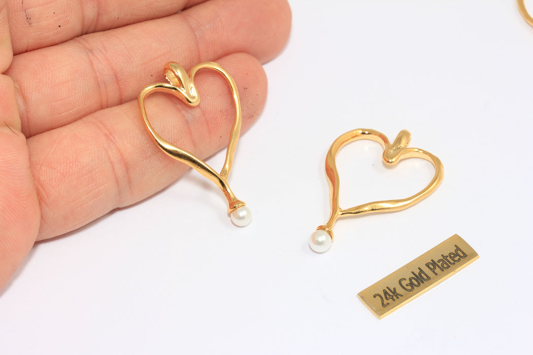 22x32mm 24k Shiny Gold Heart Charms, White Pearl Heart Charms, Heart Pendant With Sea Water Pearl, CMR115