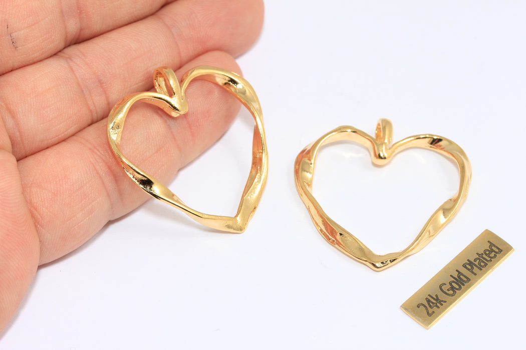 34x35mm 24k Shiny Gold Heart Charms, Hammered Heart Pendant, Twisted Heart Charms, Outline Heart Charm, BRT459-2