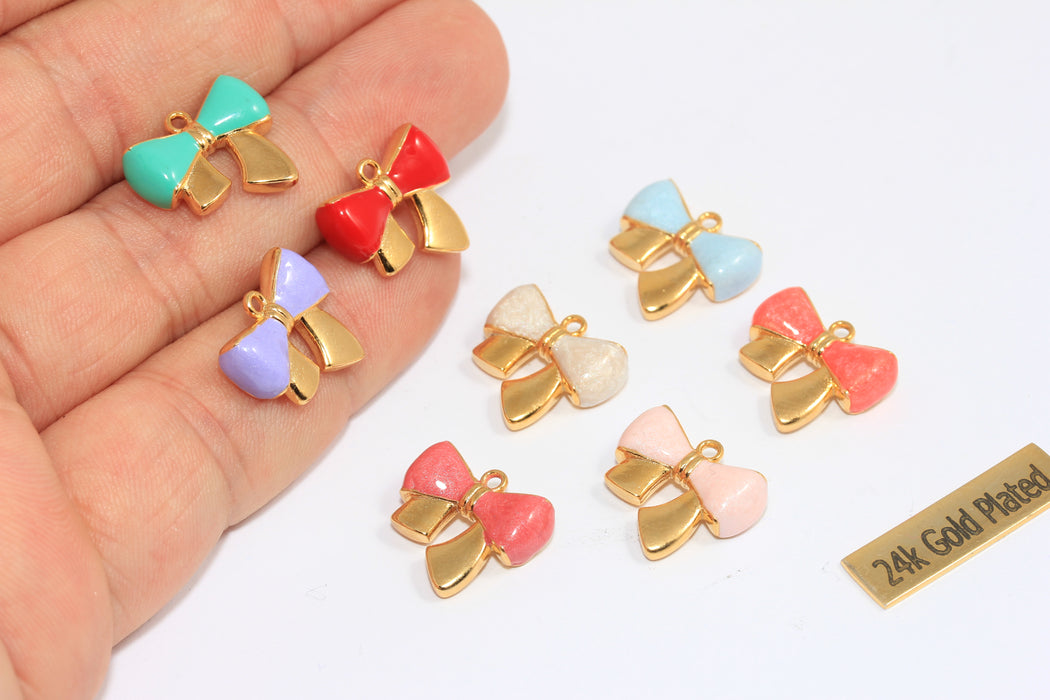 14x15mm 24k Shiny Gold Bow Charms, Optional Enamel Color Bow Bracelet Charms, Cute Mini Bow Tie Pendant, MTE402