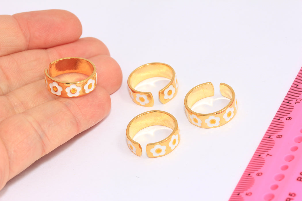 17-18mm 24k Shiny Gold Flower Rings, White Enamel Flower Ring, BRT277