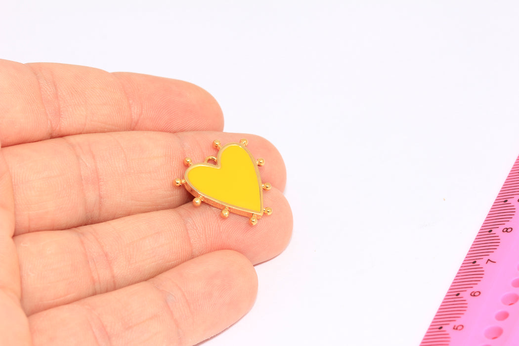 21mm 24k Shiny Gold Heart Charms, Yellow Enamel Heart Medallion, BRT127