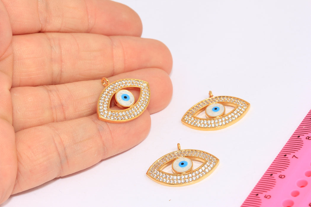 20x26mm 24k Shiny Gold CZ Evil Eye Charms, Micro Pave Enamel Evil Eye, BRT146