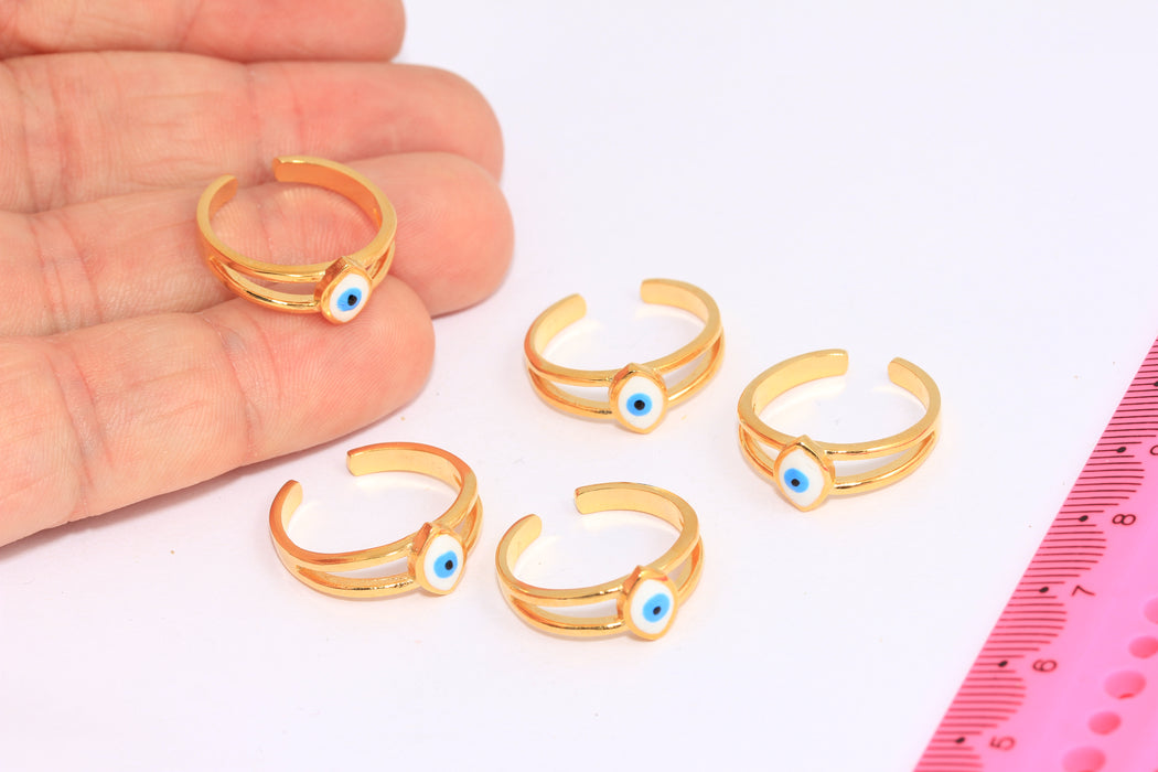 17-18mm 24k Shiny Gold Rings, White Enamel Evil Eye Rings, BRT384