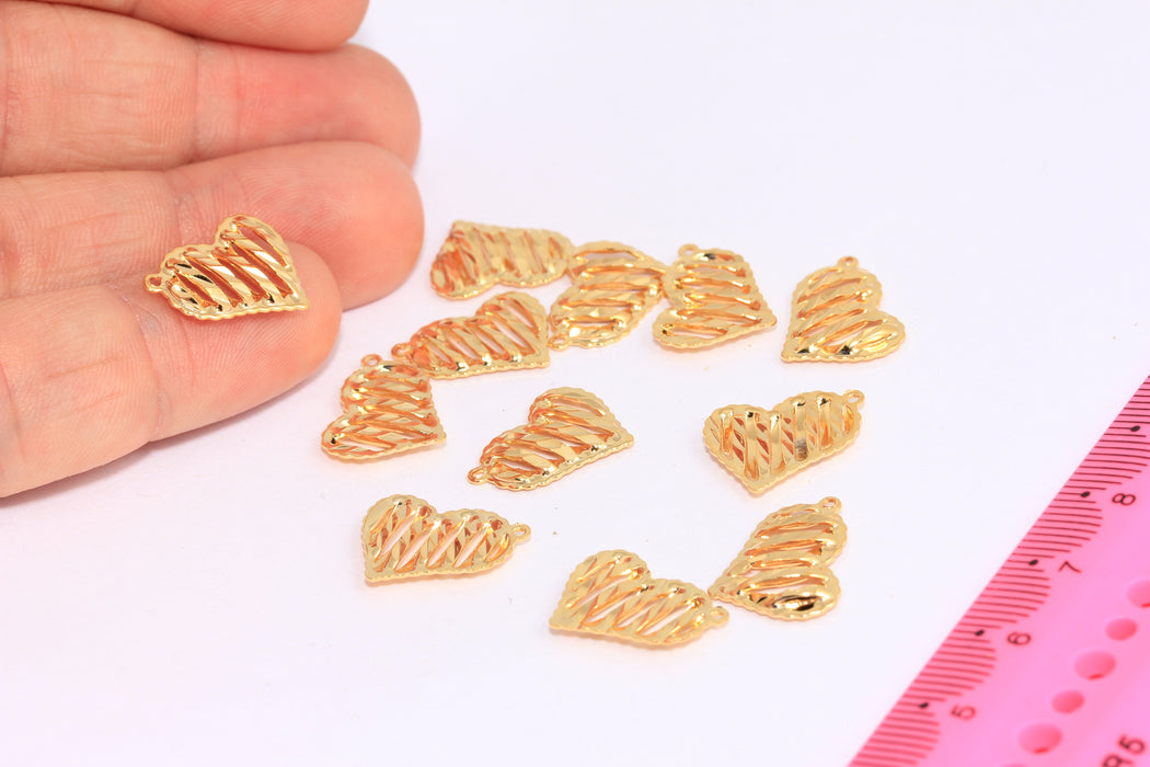 12x16mm 24k Shiny Gold Heart Charms, Filigree Heart Pendant, BRT167