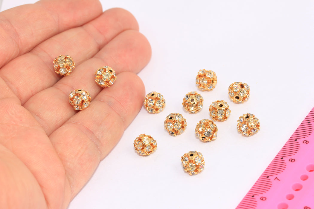 8mm 24k Shiny Gold Spacer Beads, CZ White Stone Rondelle Beads, SLM384