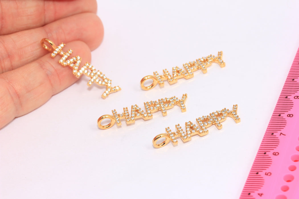 8x28mm 24k Shiny Gold CZ Happy Charm, Micro Pave Happy Charms, CHK5-2