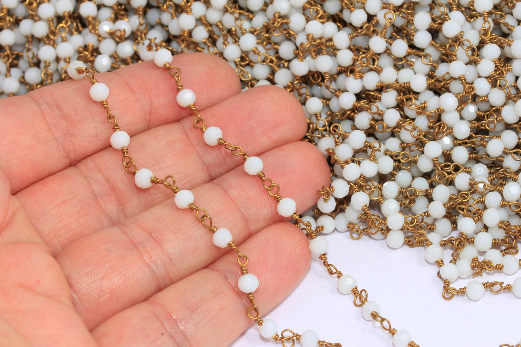4mm Raw Brass Beaded Chains, White Crystal Rosary Style Chain, KPT45-1