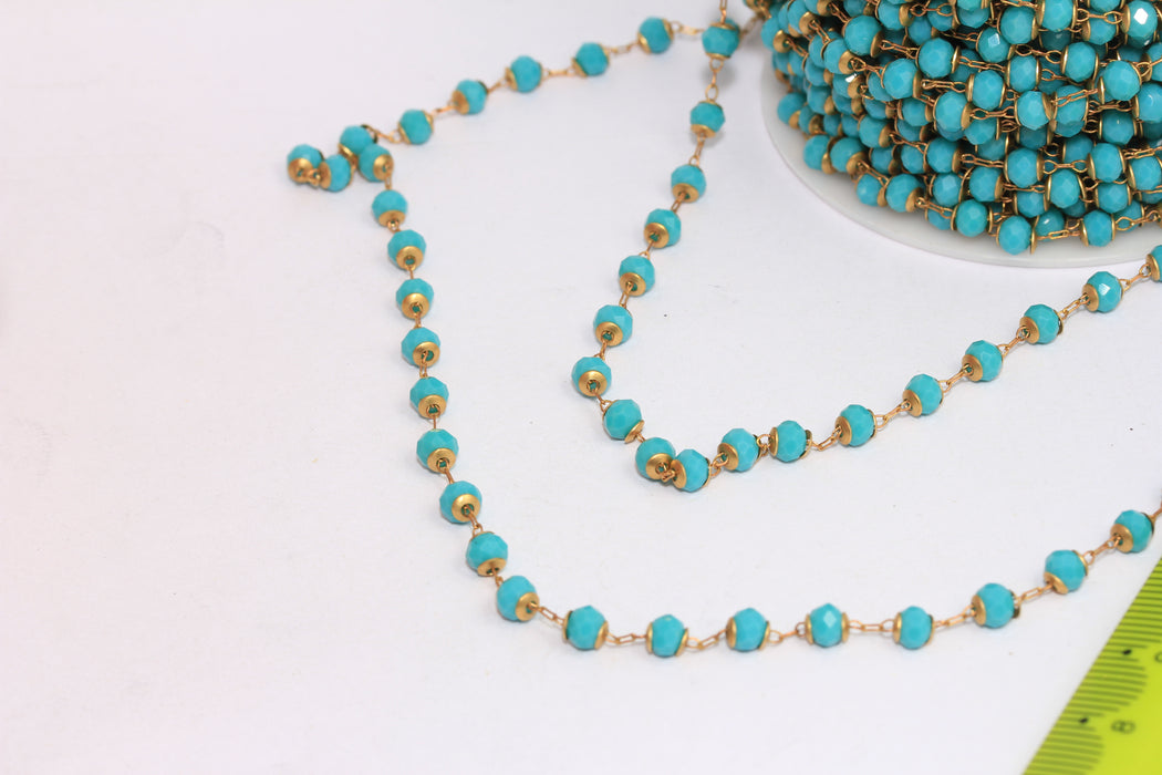 4mm Raw Brass Beaded Chains, Turquoise Crystal Rosary Style Chain, CHK-3