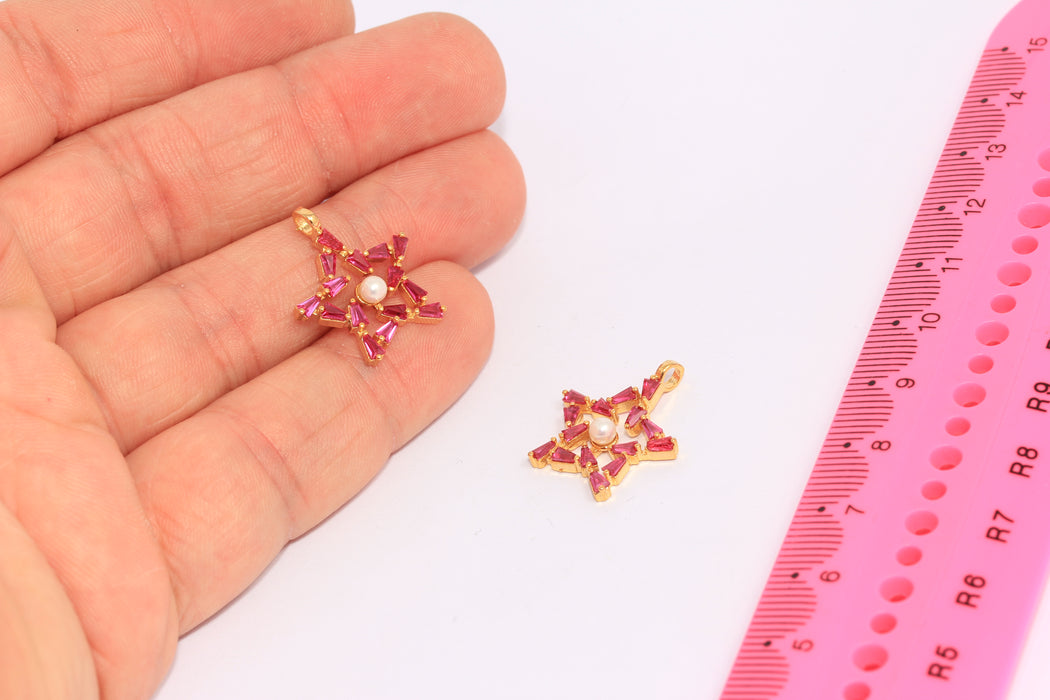 18x21mm 24k Shiny Gold Pearl Star, CZ Ruby Baguette Stone Star Beads, SLM201