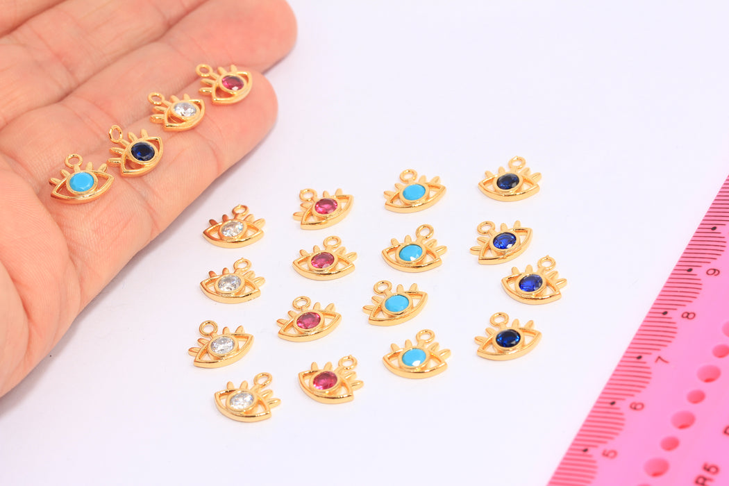 10x11mm 24 Ayar Parlak Altın Nazar Boncuğu, Mikro Taşlı Nazar Boncuğu Kolye, Kübik Zirkonya Göz Takıları, CHK38-3