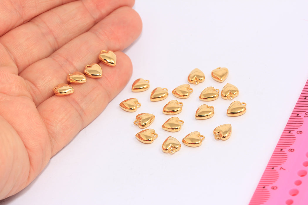 Ciondoli a forma di cuore gonfio in oro lucido 24k da 7x9 mm, mini perline a forma di cuore, CHK56-7